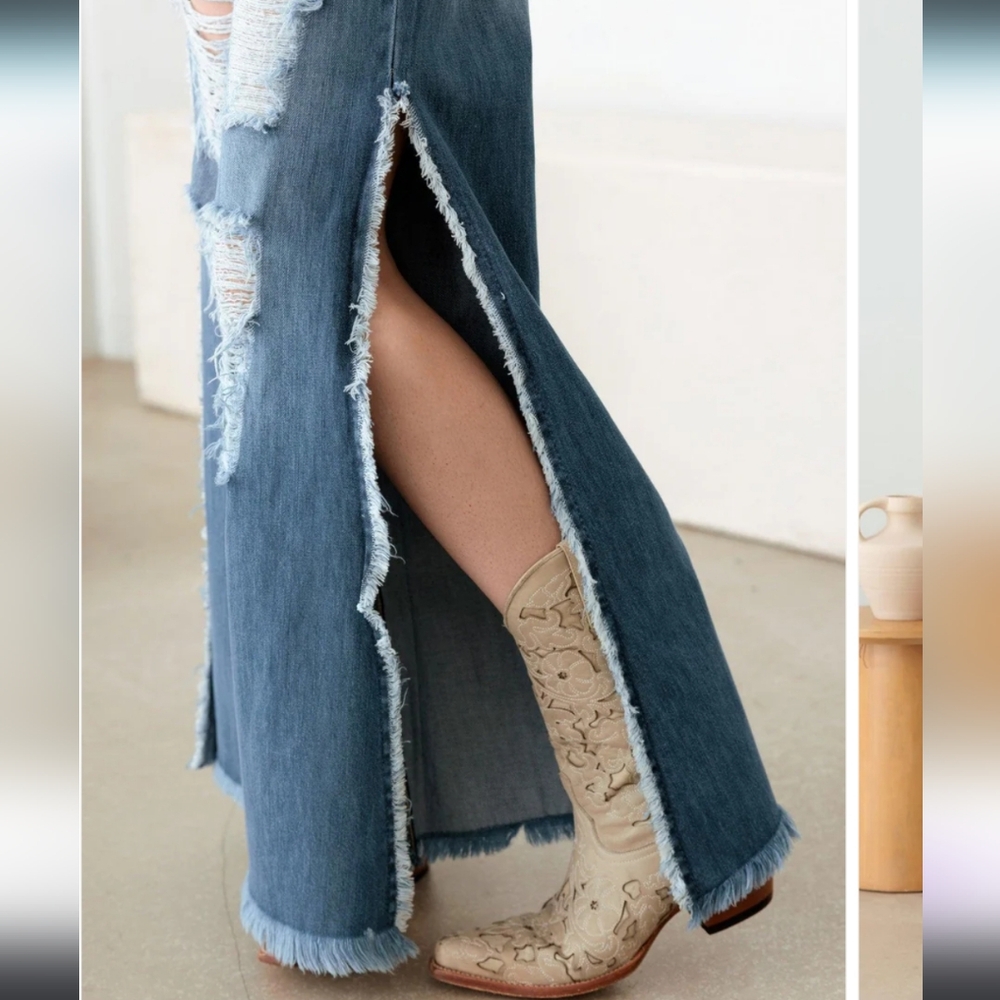 NIB Blue Side Slit Wide Leg Destroyed Jeans - S,M,L - Picture 3 of 4